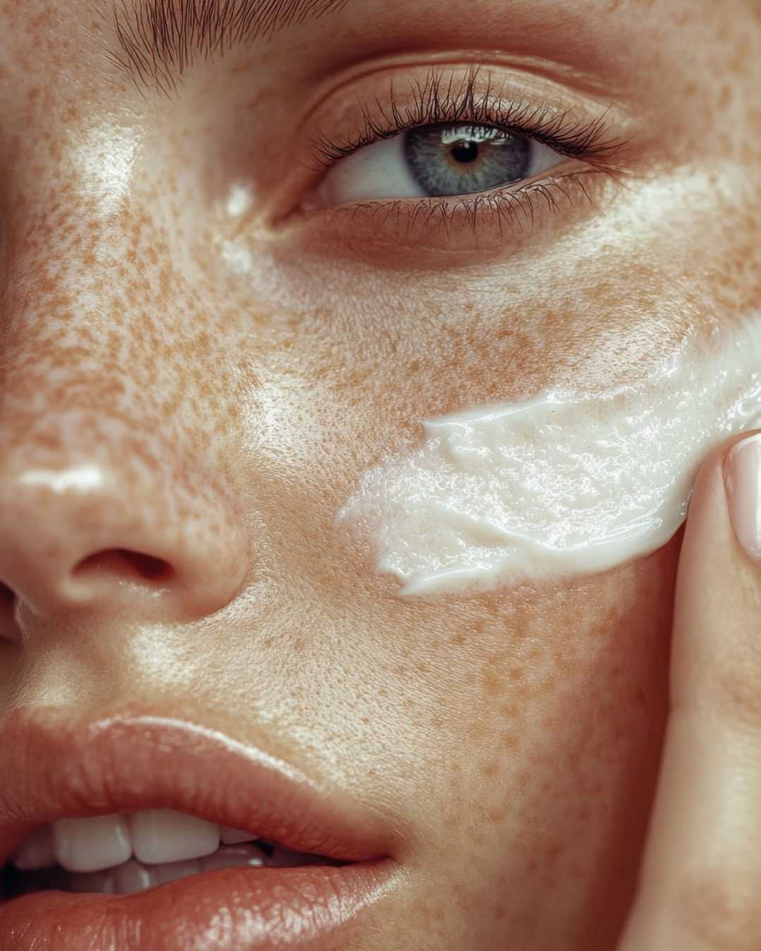 Close-up of a face with freckles, applying moisturizer to cheek.